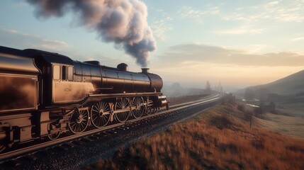 Echoes of industry a vintage steam locomotive traversing the English countryside at dawn