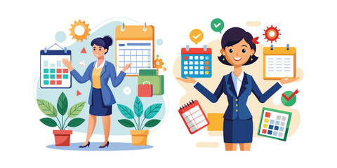 Efficient Businesswoman Managing Calendar and Appointments with Planner and Laptop – Professional Time Management Concept Vector Illustration on White Background