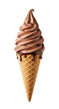 Chocolate soft serve ice cream in a waffle cone. Sweet summer dessert. Isolated on transparent background, png