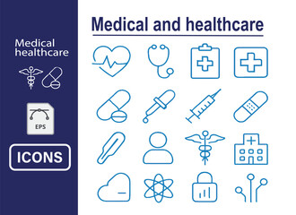 Medical and healthcare icon collection, thin line style, blue color scheme, vector isolated symbols