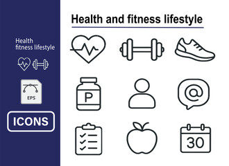 Health and fitness lifestyle icon set, outline style, clean and simple, vector isolated icons