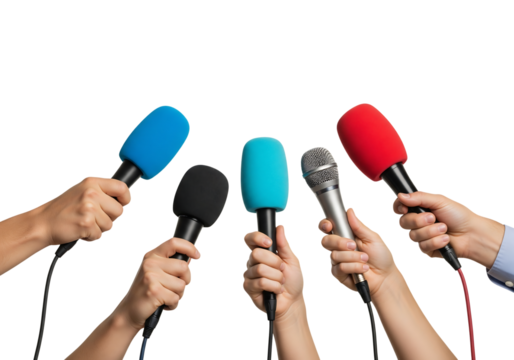 Many hands holding colorful microphones for a press conference or interview. Isolated on transparent background, png - Powered by Adobe