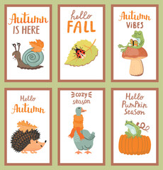 Autumn cards set with funny animals, leaves, mushroom, pumpkin, lettering. Snail, ladybug, frog, hedgehog and goose with a scarf. Cute cartoon characters on white background. Vector flat illustration.
