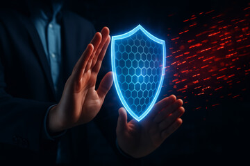 Cybersecurity expert protecting a network with a digital shield from a data breach. Data protection, firewall security, antivirus software, cyber attack defense.