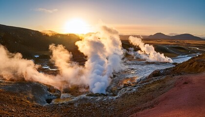 depiction of clean geothermal energy with steam vents and surrounding rocky terrain under bright natural lighting
