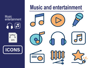 Music and entertainment icon set, creative line style, colorful vector pack for media and audio projects