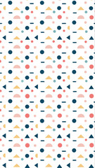 Whimsical geometric pattern featuring repeating rows of colorful circles triangles and small lines on a white background