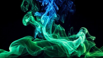 Fototapeta premium Blue and green smoke gracefully dance, swirling and blending in mesmerizing patterns. Their ethereal movements create a captivating visual display, evoking mystery, fluidity, and harmony in the air, e