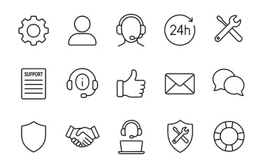 Fototapeta premium Support and service line icons set with headset, 24h, tools, shield, chat, handshake, envelope