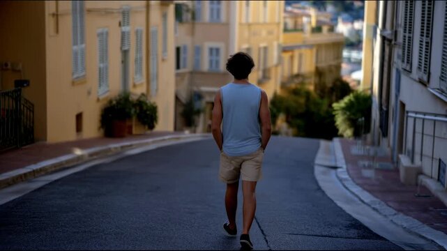 A man in a blue sleeveless shirt and light shorts walks backwards down a narrow street with yellow buildings