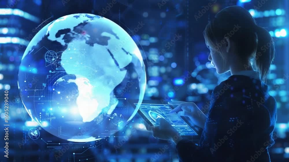 Aufkleber a woman interacts with a digital globe and tablet in a futuristic setting. a network of data and lig
