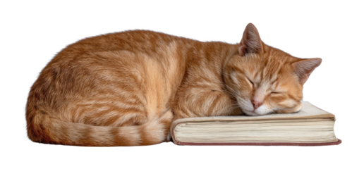 PNG Cat sleeping on a closed book calm publication relaxation.
