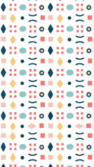A vibrant geometric pattern featuring repeating rows of abstract shapes and colors on a white background