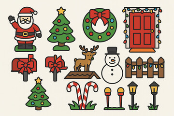 Set of Outdoor Christmas Decoration Icons in Flat Vector Style
