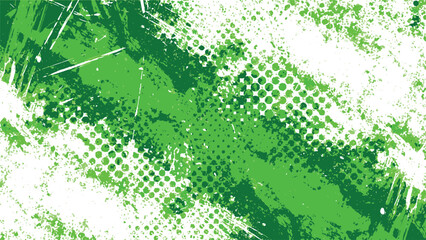 Abstract green grunge texture with halftone pattern and paint splatters