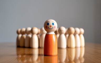 Leadership Concept A Wooden Figure Stands Out in a Crowd, Representing Uniqueness and Individuality