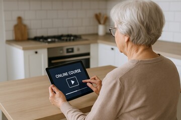 Elderly woman engaged in online learning on tablet in a modern kitchen. concept of education, technology, home study, digital learning for seniors
