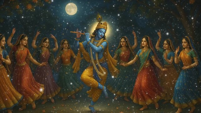 lord Krishna dancing with gopiyan. under starry night. 4k video