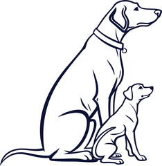 Naklejka premium Vector art of two dogs, one large and one small, sitting side by side in an outline drawing