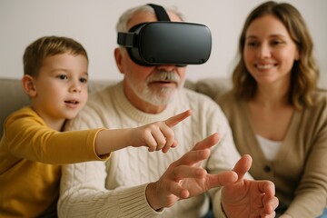 Multigenerational family exploring virtual reality together in cozy living room setting with grandfather wearing vr headset. concept of family technology, generational bonding, innovation