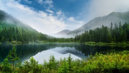 Fototapeta premium serene misty lake surrounded by lush green forest and mountains