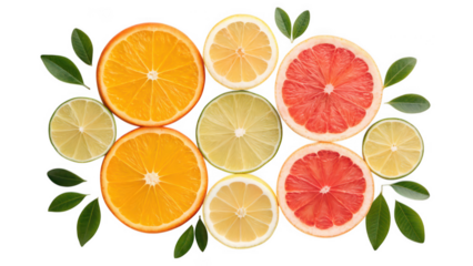 Assortment of fresh citrus fruit slices including oranges lemons and grapefruits with green leaves isolated on transparent background