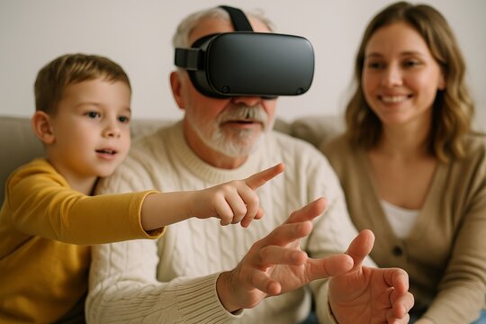 Multigenerational family exploring virtual reality together in cozy living room setting with grandfather wearing vr headset. concept of family technology, generational bonding, innovation