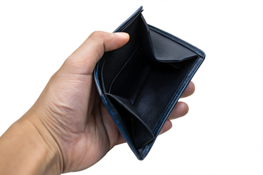 empty wallet in hands showing financial trouble isolated 0n white background, png, ai generated.	