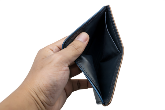 empty wallet in hands showing financial trouble isolated 0n white background, png, ai generated.	