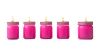 Five pink candles burning brightly against a soft pink background in glass jars perfect for relaxation and ambiance