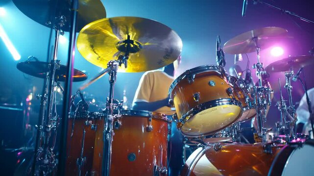 Live concert scene with vibrant lighting showing drummer performing on stage behind professional drum set