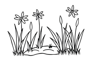 Obraz premium Grassy Wetland Area With Flowers And Driftwood