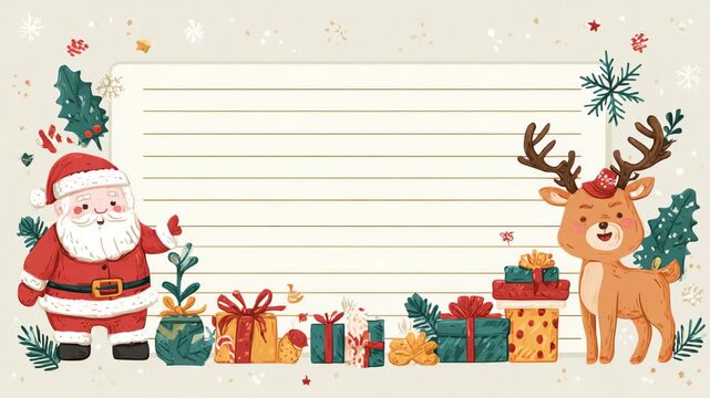 Christmas letter template with cute Santa Claus, reindeer, gifts and lined space for text on festive background