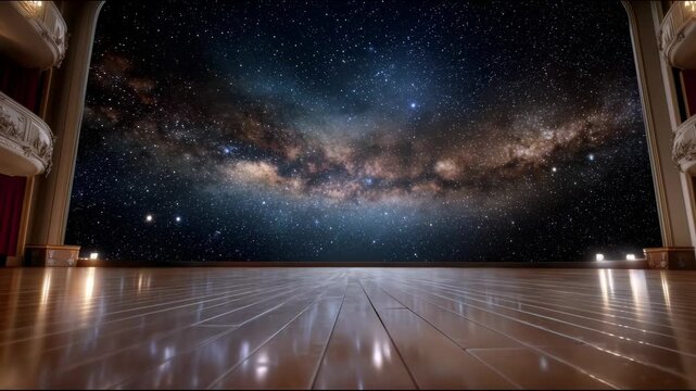 The interior of the theatre with elegant boxes and a glossy wooden floor, where the stage is replaced by a panorama of the starry sky with a galaxy