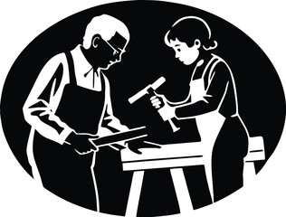 Grandparent Teaching Carpentry Silhouette