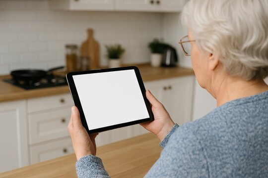 Senior woman using digital tablet with blank white screen at home in modern kitchen. Concept of mockup, copy space, elderly technology use, template for app design, smart lifestyle