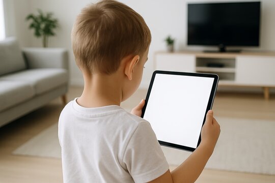 Young child engaging with tablet with blank white screen in modern living room setting. concept of early learning, digital technology usage, children s entertainment, mockup, copy space - Powered by Adobe
