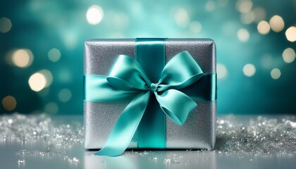 teal ribbon adorns a sparkling silver gift box