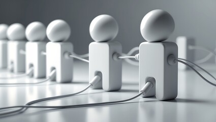 Abstract figures connected by wires in a line representing network or technology concept