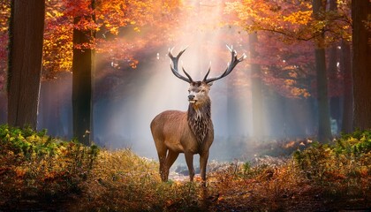 a powerful stag stands proudly in an enchanted forest surrounded by glowing colorful foliage and misty magical light rays
