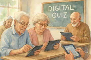 Watercolor illustration of elderly people using digital tablets during classroom quiz. Concept of senior education, digital literacy, interactive learning for older adults