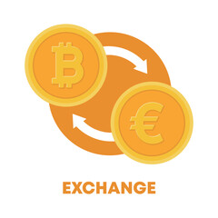 An illustration of exchanging 'Bitcoin', an online cryptocurrency based on blockchain technology, and 'Euro', the European currency.