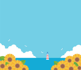 A coastal landscape with sunflowers, seagulls flying around, and a lighthouse on the sea, with a summer concept. An illustration suitable for themes such as summer, travel, and nature.