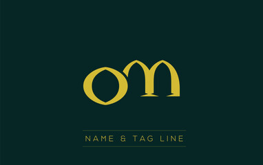 OM logo design. A sophisticated, minimalistic logo design featuring golden stylized typography,  perfect for branding concepts emphasizing luxury, professionalism, and contemporary aesthetics.