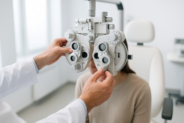 Female patient undergoing eye exam with phoropter in modern clinic. Concept of vision testing, optometry checkup, eyesight correction, ophthalmology healthcare