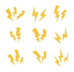 Set of yellow lightning bolt icons. Icons representing various effects such as energy, surprise, anger, idea, fight, collision, shock, etc.