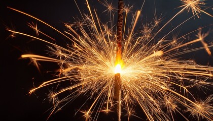 close up of a lit sparkler against a black background creating bright sparks