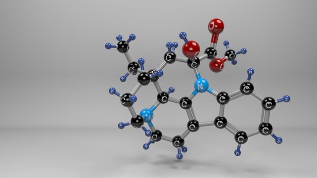 Vincamine molecule. Molecular structure of  alkaloid used as a vasodilator in cerebrovascular and circulatory treatments.