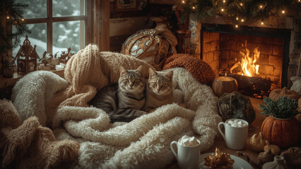 Two cats in a cozy winter house on a soft warm blanket, winter and snow outside the window