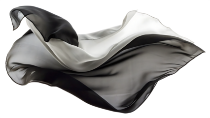silk scarf flying in the wind waving black satin isolated on white background, png, ai generated.	